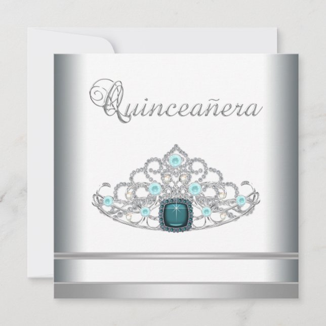 Convites Silver Tiara Teal Blue Quinceanera (Frente)