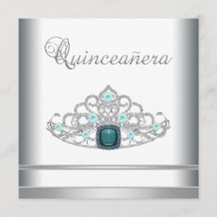 Convites Silver Tiara Teal Blue Quinceanera