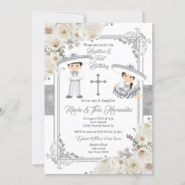 Convites Silver Twin Mexicano Baptism Birthday Floral