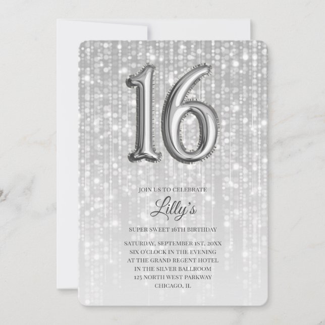 Convites Silver Twinkle Lights Foil Balão 16º Aniversário (Frente)