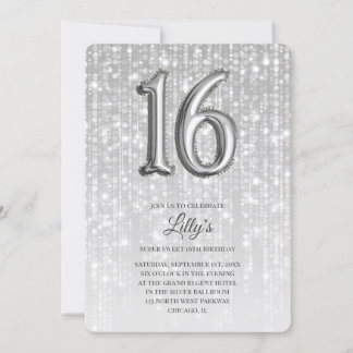 Convites Silver Twinkle Lights Foil Balão 16º Aniversário