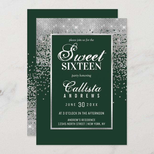 Convites Silver Verde Florestal Chic Confetti Sweet 16 (Frente/Verso)