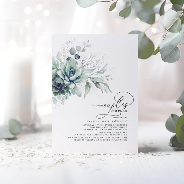 Convites Silver Verde Suculto Deixa Chá de Casais (Silver Succulents Greenery Couples Shower Invitations)
