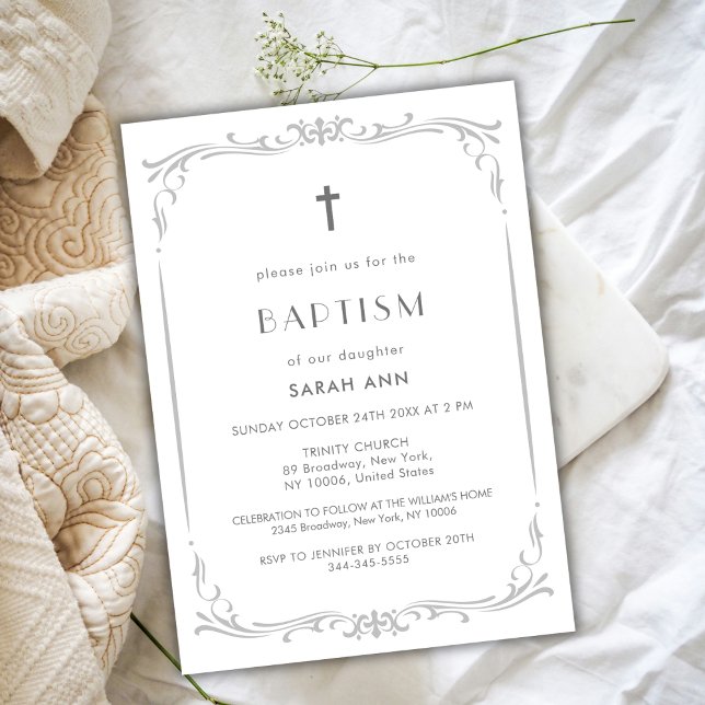 Convites Silver Vintage Frame Baptism Christening Cross (Silver Vintage Frame Baptism Christening Cross Invitation)