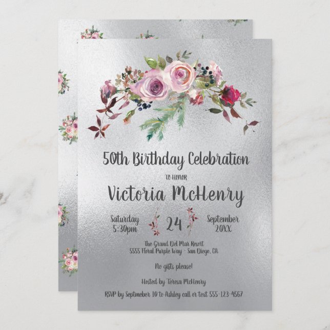 Convites Silver Watercolor Floral, Rosa congelado Aniversár (Frente/Verso)