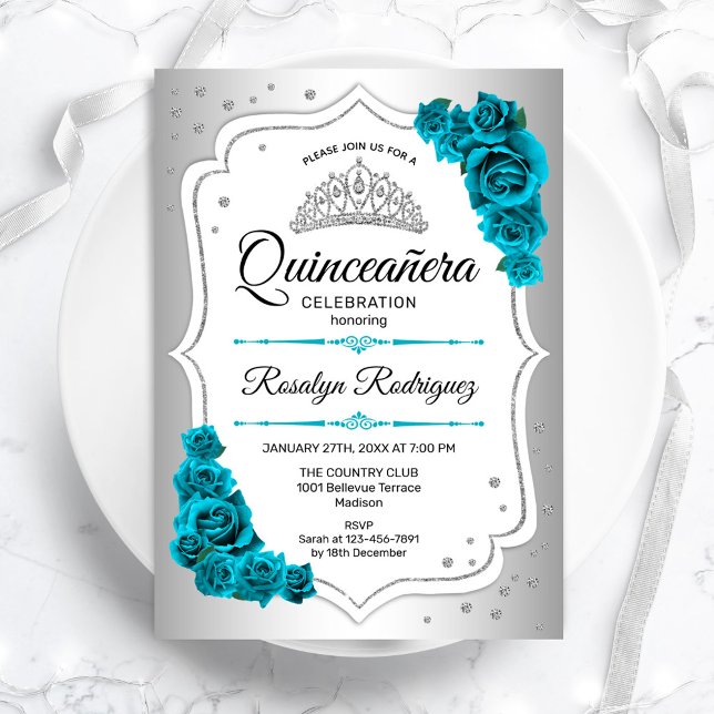 Convites Silver White Teal Quinceanera (Criador carregado)