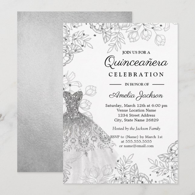 Convites Silver White Vintage Vestimento Floral Quinceanera (Frente/Verso)