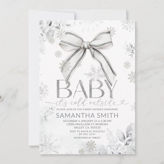 Convites Silver Winter Bow It's Cold Outside Baby Shower (Frente)