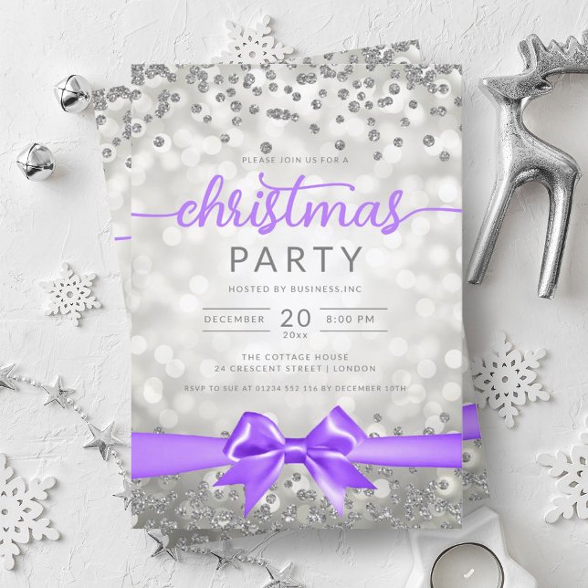 Convites Silver Winter Glam Company Xmas Roxo Fita (Silver Winter Glam Company Xmas Purple Ribbon Invitation)