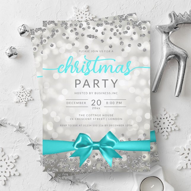 Convites Silver Winter Glam Company Xmas Turquoise Ribbon (Silver Winter Glam Company Xmas Turquoise Ribbon Invitation)