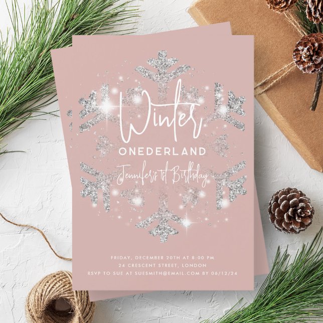 Convites Silver Winter ONEDERLAND Birthday Dusty Rosa (Silver Winter ONEDERLAND Birthday Dusty Rose Invitation)