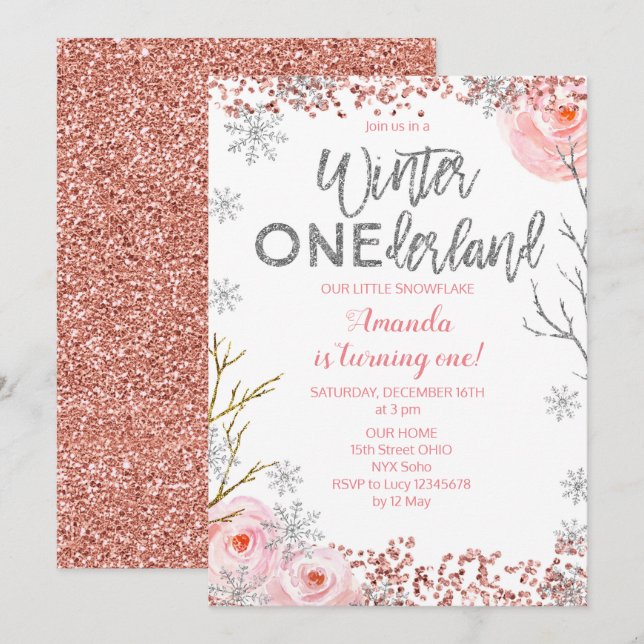 Convites Silver Winter ONEderland First Birthday Invite (Frente/Verso)