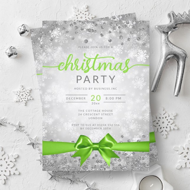 Convites Silver Winter Snowflakes Company Green Ribbon (Silver Winter Snowflakes Company Green Ribbon Invitation)