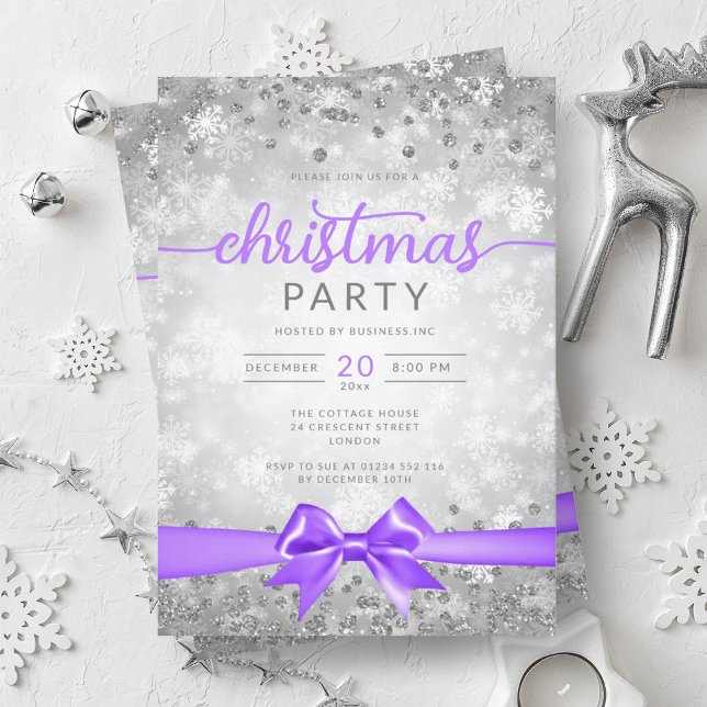 Convites Silver Winter Snowflakes Company Roxo Ribbon (Silver Winter Snowflakes Company Purple Ribbon Invitation)