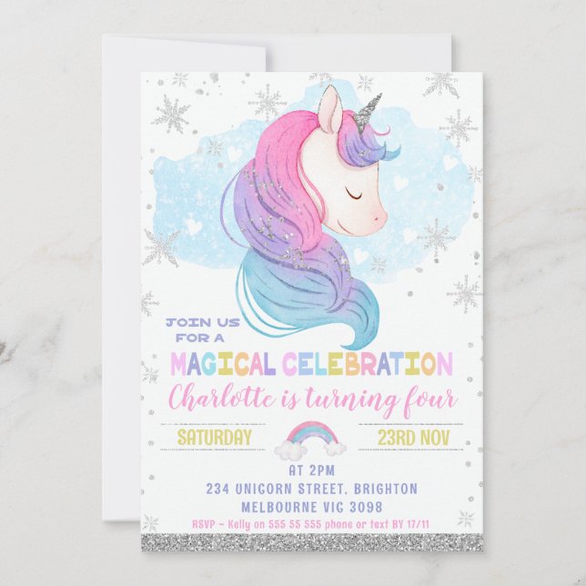 Convites Silver Winter Unicorn Rainbow Birthday (Frente)