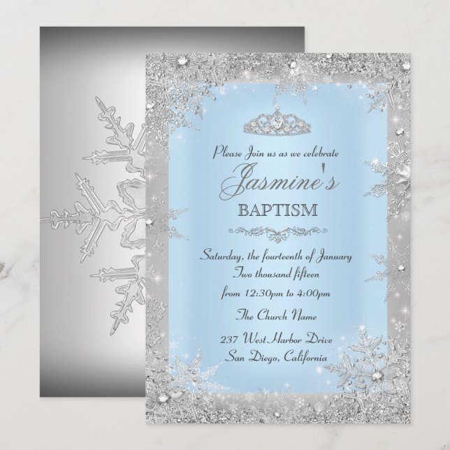 Convites Silver Winter Wonderland Blue Baptism Christening (Frente/Verso)