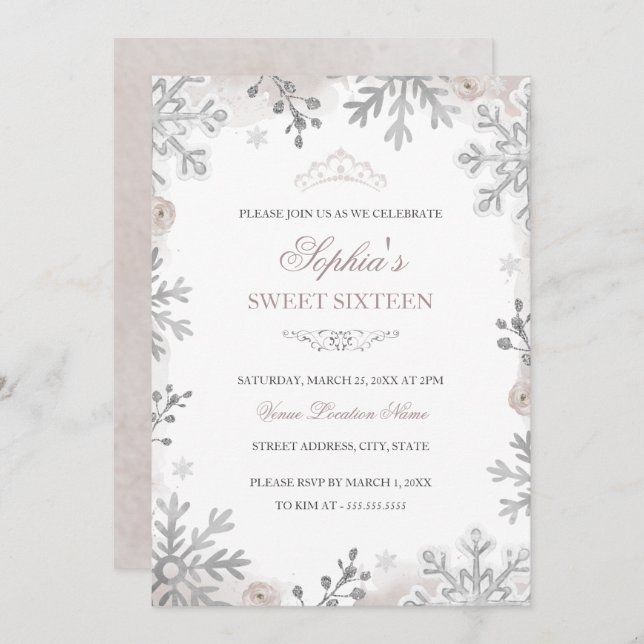 Convites Silver Winter Wonderland Blush Sweet 16º Aniversár (Frente/Verso)