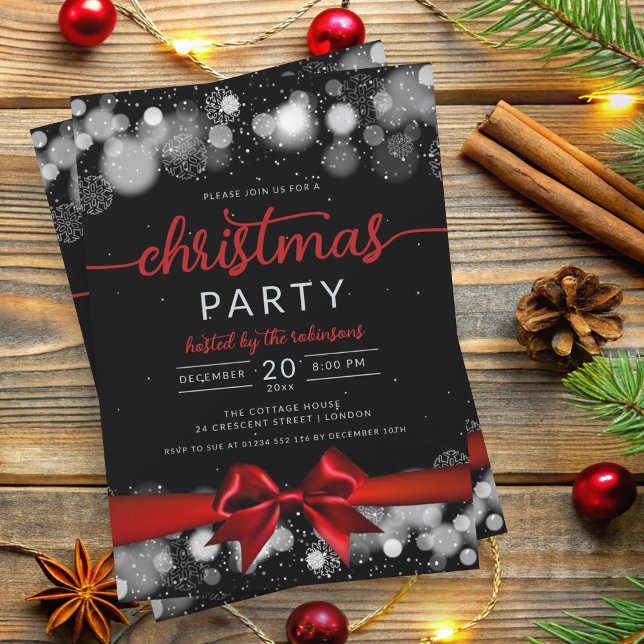 Convites Silver Winter Wonderland Family Xmas Red Ribbon (Silver Winter Wonderland Family Xmas Red Ribbon Invitation)
