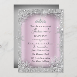 Convites Silver Winter Wonderland Pink Baptism Christening