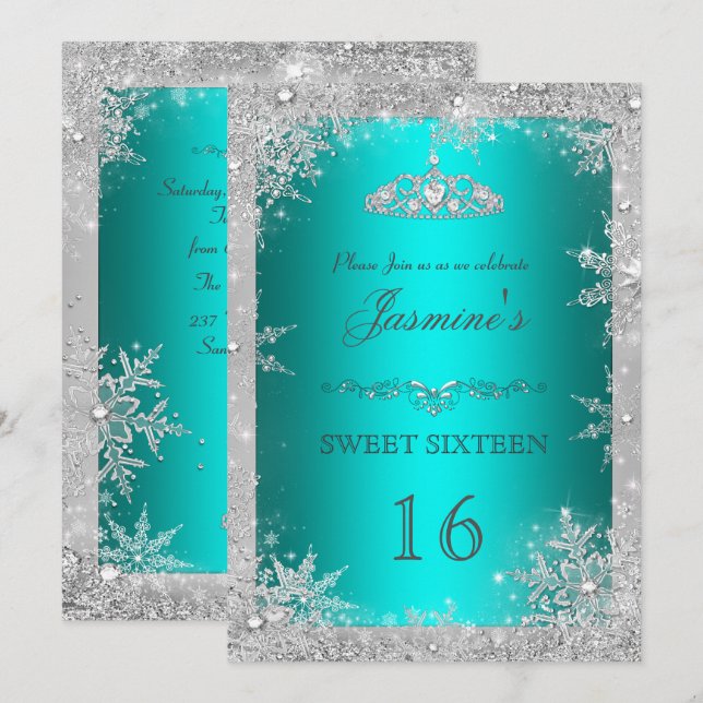 Convites Silver Winter Wonderland Teal Sweet 16 Invite (Frente/Verso)