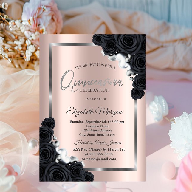 Convites SilverFrame Elegante, Rosas Negros Quinceañera (Criador carregado)