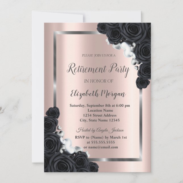 Convites SilverFrame Elegante,Rosas Pretos (Frente)