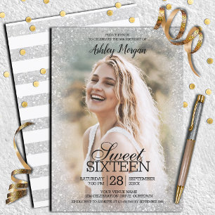 Convites Silvery Glitter Photo Template Sweet 16 Party