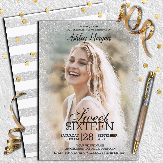 Convites Silvery Glitter Photo Template Sweet 16 Party (Criador carregado)