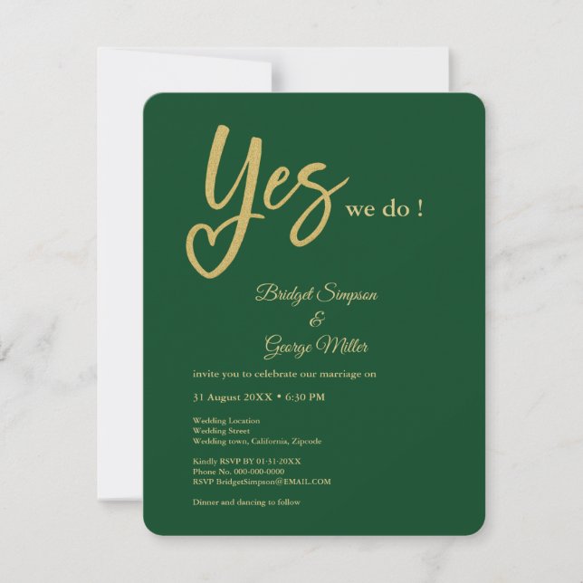 Convites Sim, fazemos esmeralda verde Dourado casamento  (Frente)