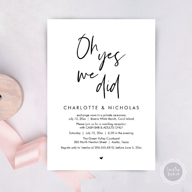Convites Sim, Fizemos, Bar De Caixa Da Festa Jante De Casam (Oh Yes, We Did, Modern Wedding Elopement Reception Dinner Party Invites Card PDF White Black)