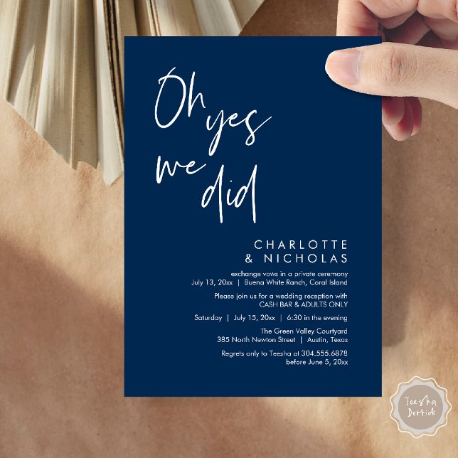 Convites Sim, Fizemos, Bar De Caixa Da Festa Jante De Casam (Oh Yes, We Did, Modern Wedding Elopement Reception Dinner Party Invites Card PDF Navy Blue)