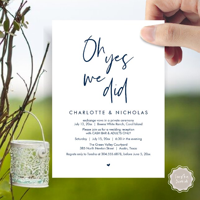 Convites Sim, Fizemos, Bar De Caixa Da Festa Jante De Casam (Oh Yes, We Did, Modern Wedding Elopement Reception Dinner Party Invites Card PDF Navy Blue)