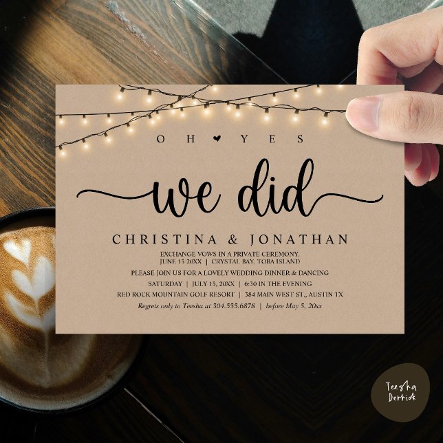 Convites Sim, Fizemos, Elopemento Jante De Casamento Russo (Oh Yes, We Did, Rustic Wedding Dinner Elopement Invitation Card, PDF, String Lights Brown Kraft)