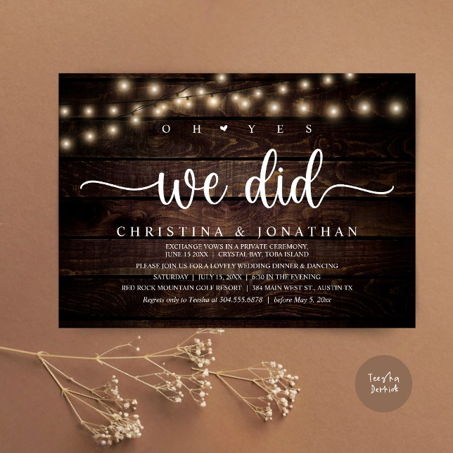 Convites Sim, Fizemos, Elopemento Jante De Casamento Russo (Oh Yes, We Did, Rustic Wedding Dinner Elopement Invitation card, pdf, in cottage dark wood)