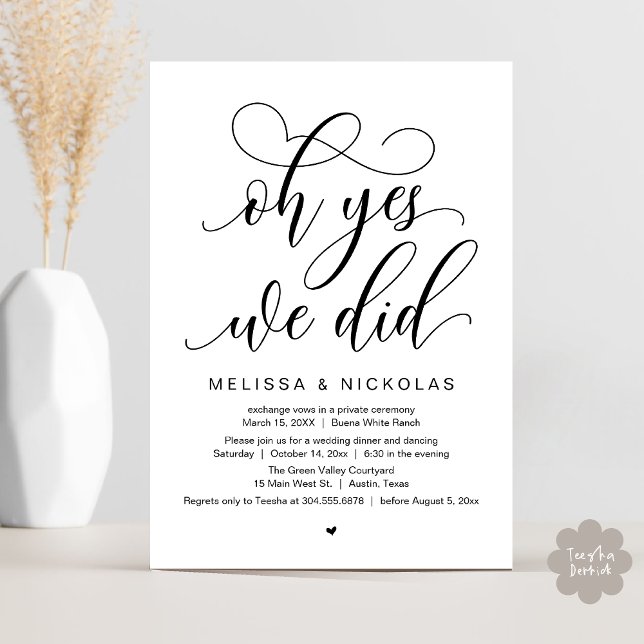 Convites Sim, Fizemos, Festa de Casamento Romântico e Fuga (Oh Yes, We Did, Romantic Modern Script Wedding Elopement Party Invitation Card PDF White Black)