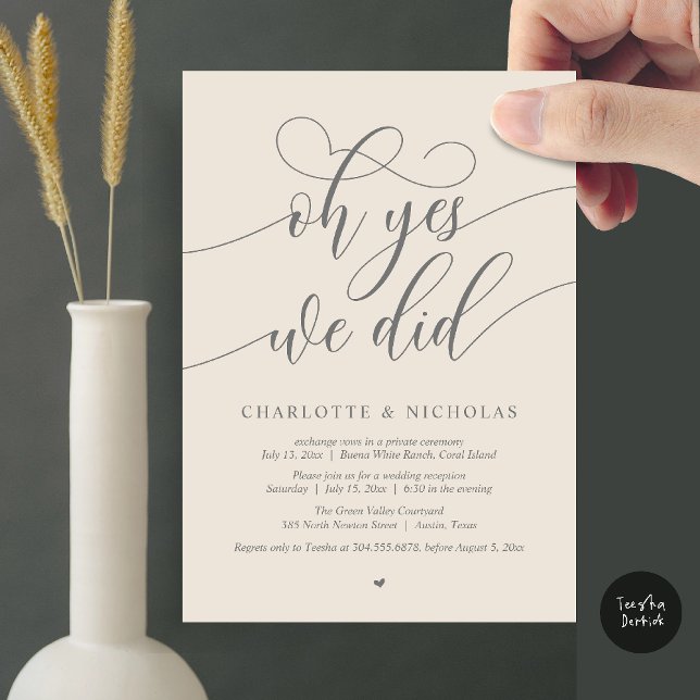 Convites Sim, Fizemos, Festa de Janto de Elopemento de Casa (Oh Yes, We Did, Modern Wedding Elopement Reception Dinner Party Invites Card PDF Cream Grey)