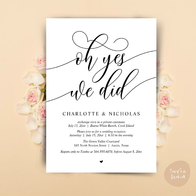 Convites Sim, Fizemos, Festa de Janto de Elopemento de Casa (Oh Yes, We Did, Modern Wedding Elopement Reception Dinner Party Invites Card PDF White Black)