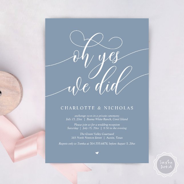 Convites Sim, Fizemos, Festa de Janto de Elopemento de Casa (Oh Yes, We Did, Modern Wedding Elopement Reception Dinner Party Invites Card PDF Dusty Blue)