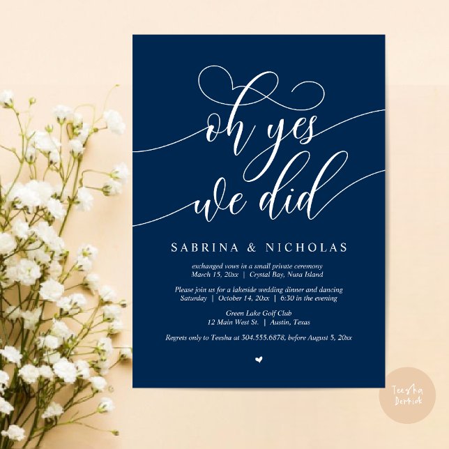 Convites Sim, Fizemos, Festa de Janto de Elopemento de Casa (Oh Yes, We Did, Wedding Elopement Dinner Brunch Lunch Party Invites Card, PDF, Navy Blue)