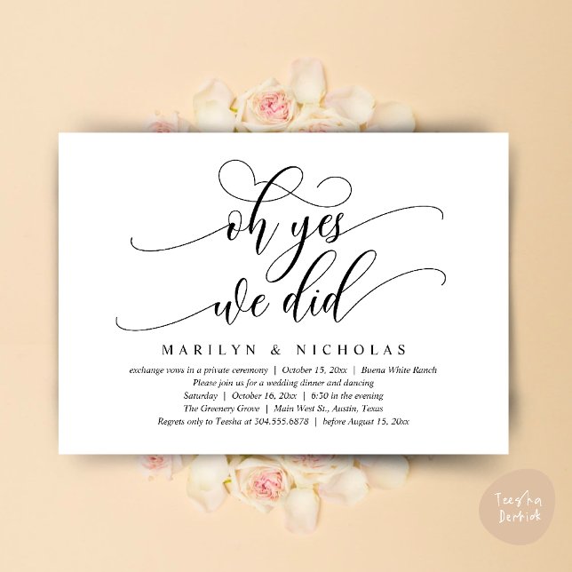 Convites Sim, fizemos, Janto de casamento moderno e festa (Oh Yes, We Did, Wedding Elopement Dinner Romantic Modern Party Invitation Card PDF Black White)