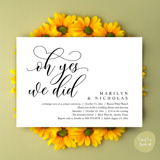 Convites Sim, fizemos, Janto de casamento moderno e festa (Oh Yes, We Did, Wedding Elopement Dinner Romantic Modern Party Invitation Card PDF Black White)