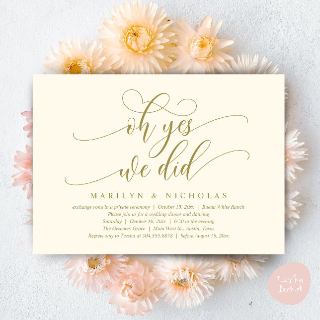 Convites Sim, fizemos, Janto de casamento moderno e festa (Oh Yes, We Did, Wedding Elopement Dinner Romantic Modern Party Invitation Card PDF Yellow Gold)