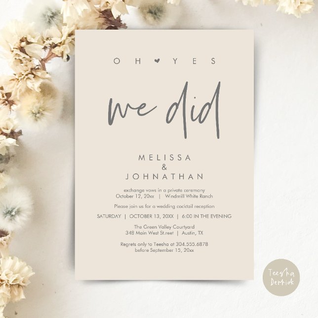 Convites Sim, fizemos, Recepção de casamento Janta Dançando (Oh yes we did, Modern Wedding Reception Dinner Dancing Minimalist Invitation Card PDF Cream Grey)