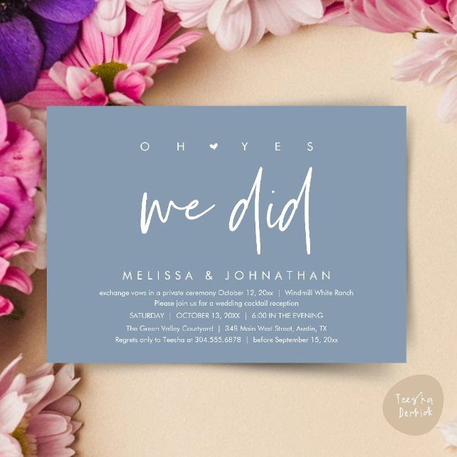Convites Sim, fizemos, Recepção de casamento Janta Dançando (Oh yes we did, Modern Wedding Reception Dinner Dancing Minimalist Invitation Card PDF Dusty Blue)