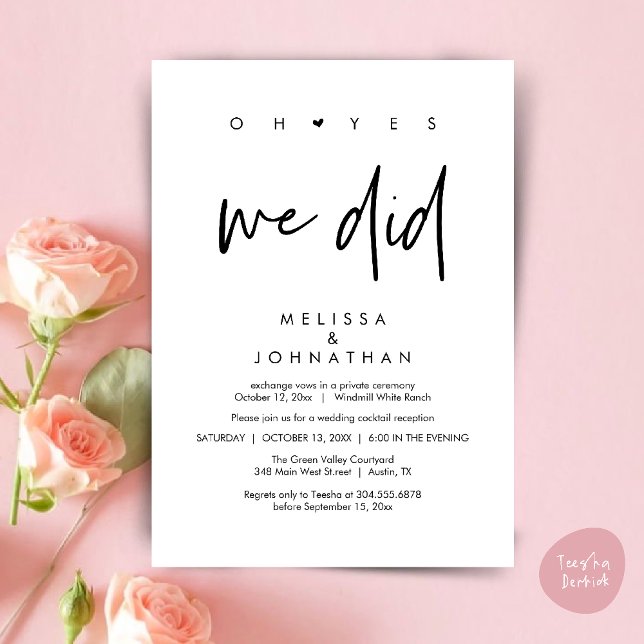Convites Sim, fizemos, Recepção de casamento Janta Dançando (Oh yes we did, Modern Wedding Reception Dinner Dancing Minimalist Invitation Card PDF Black White)