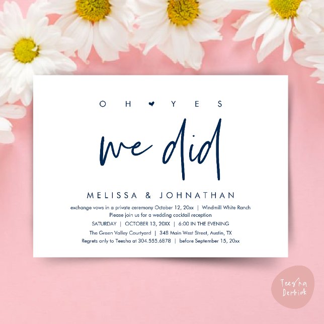 Convites Sim, fizemos, Recepção de casamento Janta Dançando (Oh yes we did, Modern Wedding Reception Dinner Dancing Minimalist Invitation Card PDF Navy Blue)