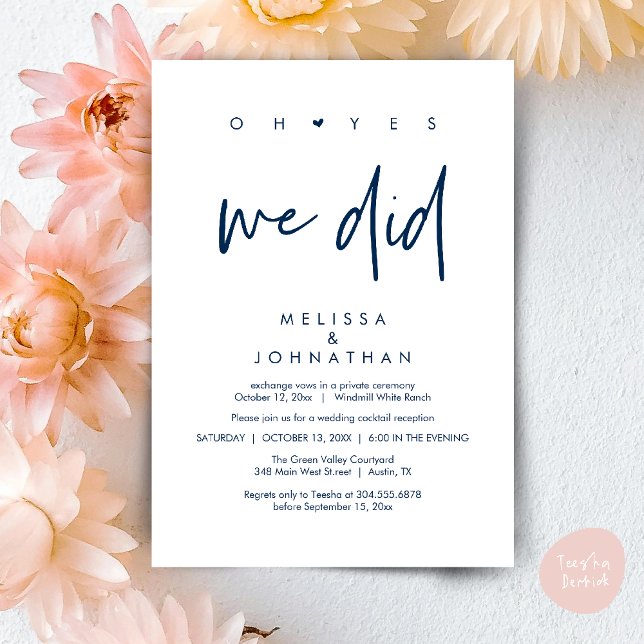 Convites Sim, fizemos, Recepção de casamento Janta Dançando (Oh yes we did, Modern Wedding Reception Dinner Dancing Minimalist Invitation Card PDF Navy Blue)