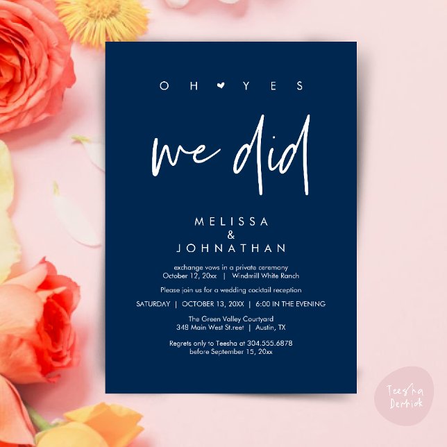 Convites Sim, fizemos, Recepção de casamento Janta Dançando (Oh yes we did, Modern Wedding Reception Dinner Dancing Minimalist Invitation Card PDF Navy Blue)