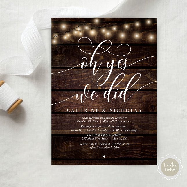 Convites Sim, Fizemos, Recepção de casamento Moderna de Scr (Oh Yes, We Did, Modern Script Wedding Reception Invitation Card PDF String Lights Brown Wood)