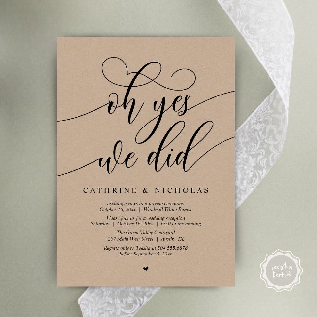 Convites Sim, Fizemos, Recepção de casamento Moderna de Scr (Oh Yes, We Did, Modern Script Wedding Reception Invitation Card PDF Brown Kraft)